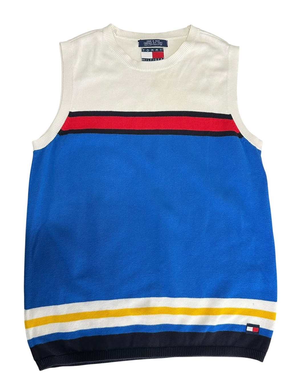 Vtg 90s Tommy Hilfiger Sleeveless Knit Sweater Top Small Color Block Prep Flag